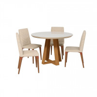 Manhattan Comfort 2-1018551109251 Duffy 45.27 Modern Round Dining Table and Utopia Chevron Dining Chairs in Off White and Beige - Set of 5